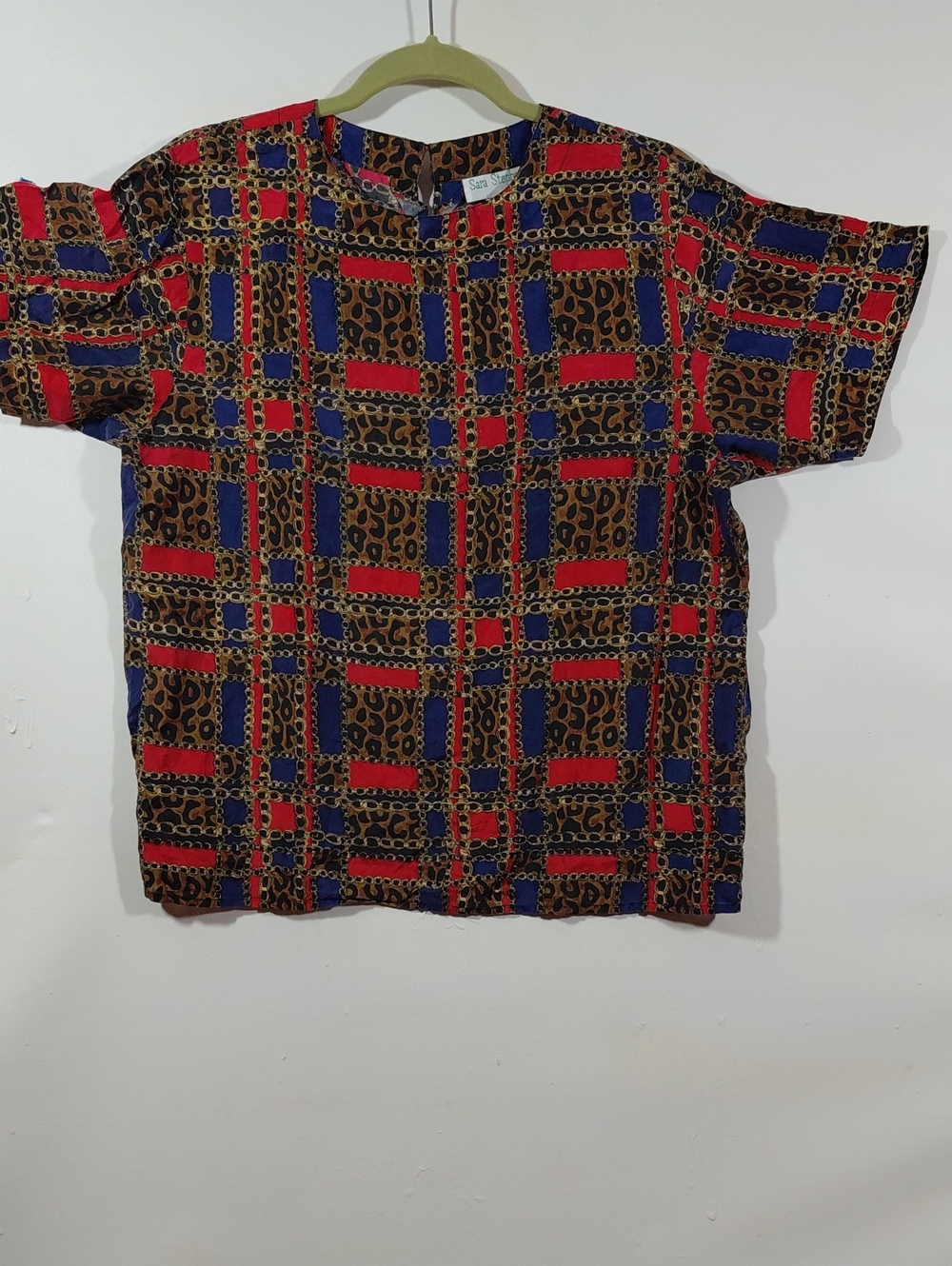 Vintage Sara Stephens Petites Silk Short Sleeve Patterned Top Red Purple Brown M